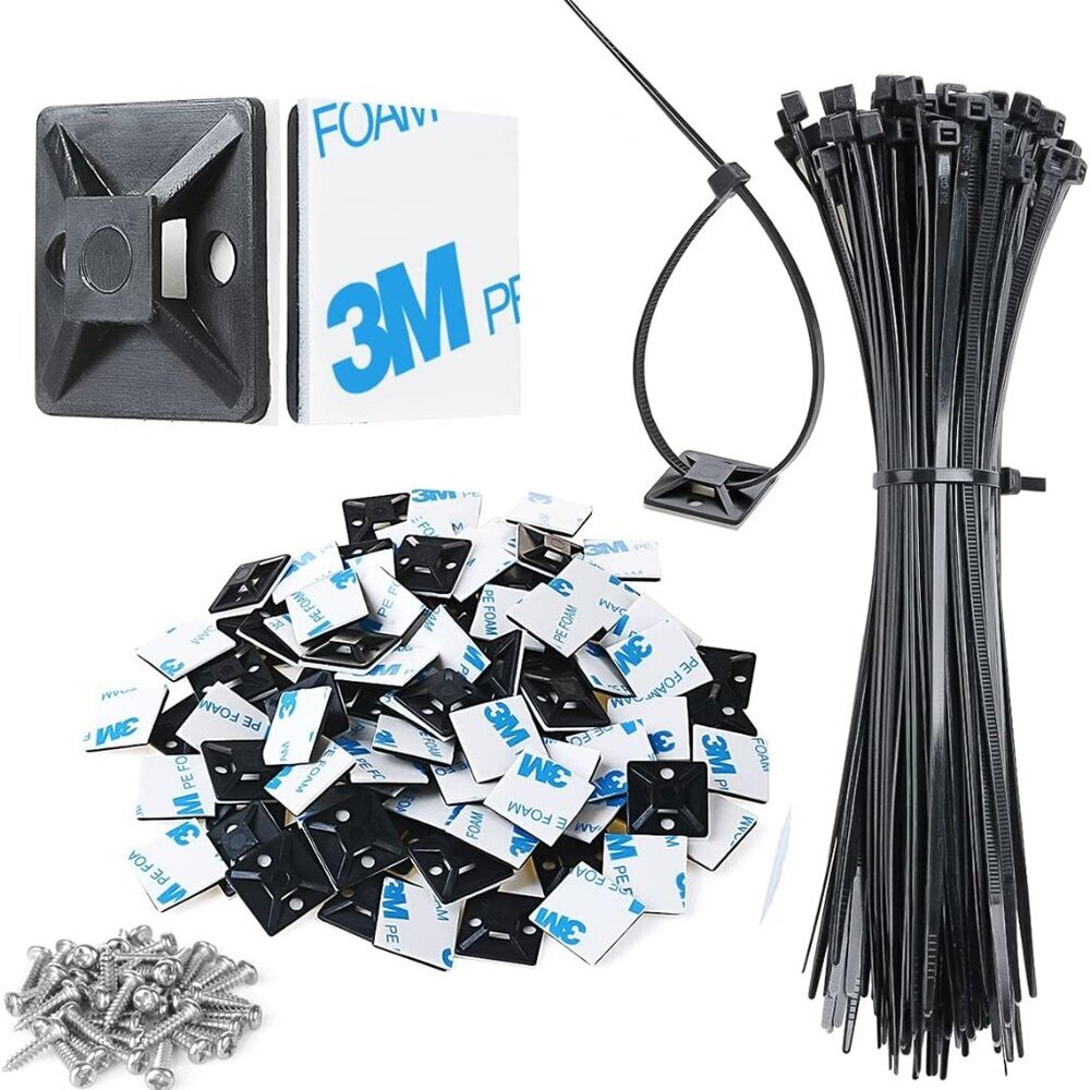 3/4" Strong Back-Glue Self Adhesive Black Cable Zip Tie Mounts 100pcs with 8" Zi